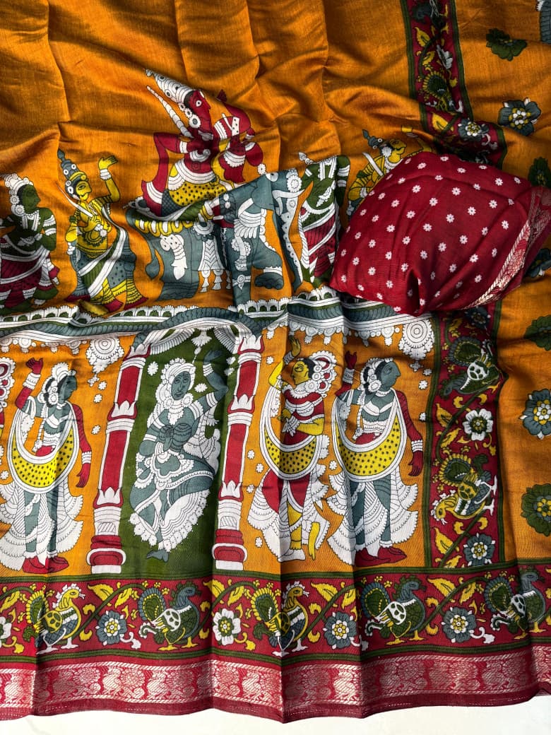 Kayatri New Soft Mangalagiri silk sarees with pen kalamkari design
