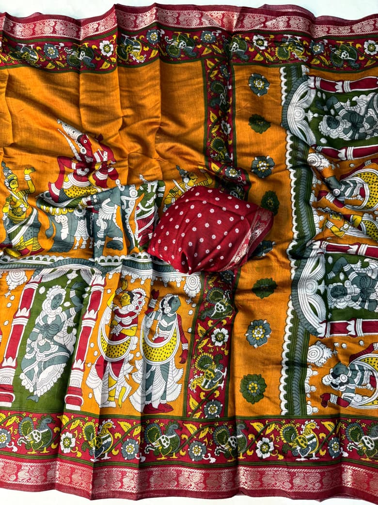 Kayatri New Soft Mangalagiri silk sarees with pen kalamkari design
