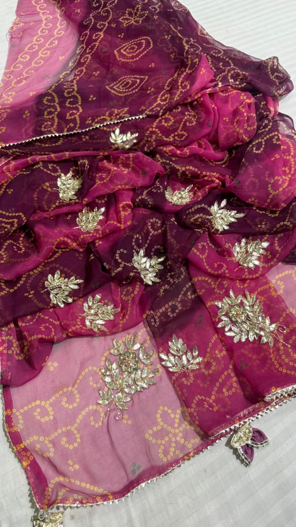 Kayatri New Beautiful georgette sarees with very beautiful bandhej print hand gota work all over bute