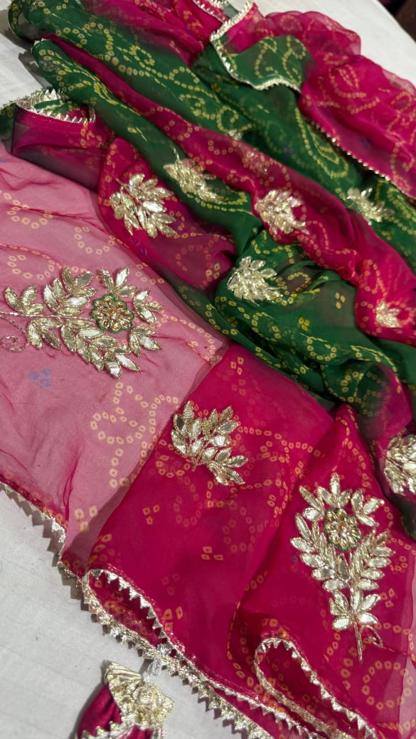 Kayatri New Beautiful georgette sarees with very beautiful bandhej print hand gota work all over bute