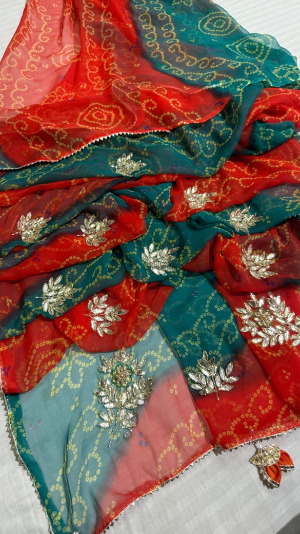 Kayatri New Beautiful georgette sarees with very beautiful bandhej print hand gota work all over bute