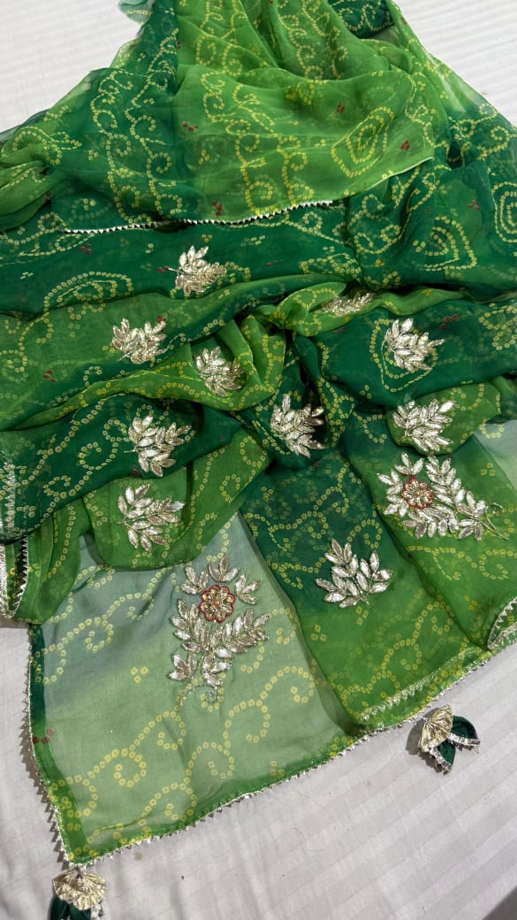 Kayatri New Beautiful georgette sarees with very beautiful bandhej print hand gota work all over bute