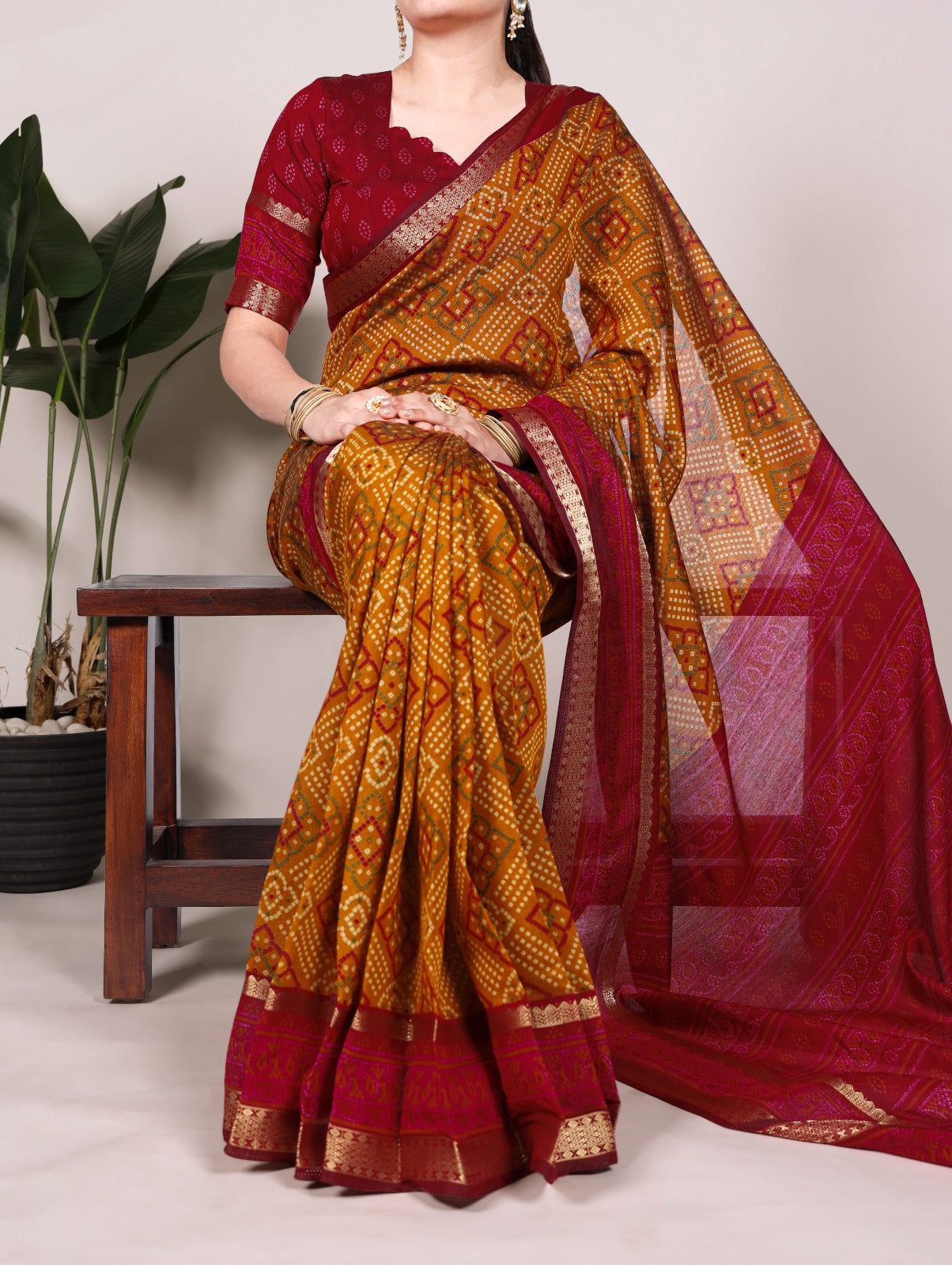 Kayatri New polyester viscose Chanderi, styled in Bandhej beauty saree