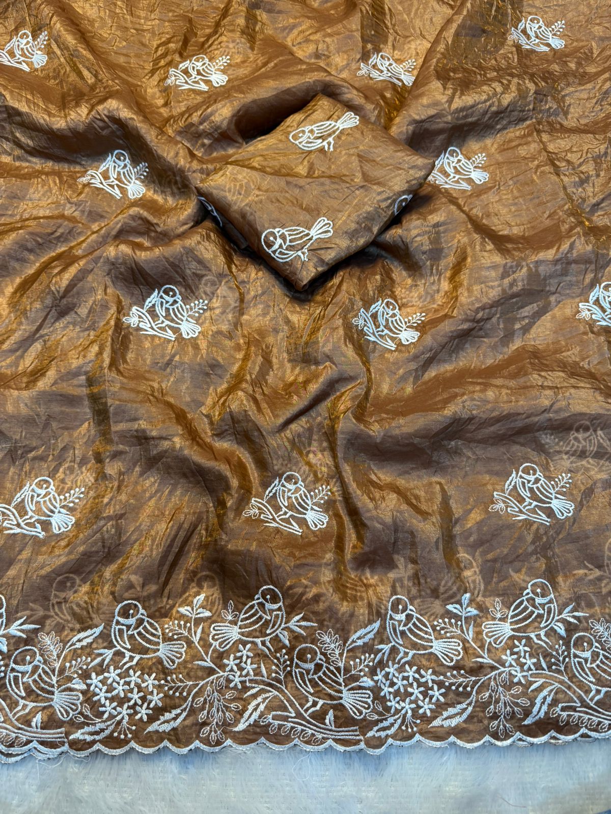 Kayatri New Beautiful Premium Quality soft gold crush Designer Saree with Beautiful Multi Embroidery C-Pallu Saree