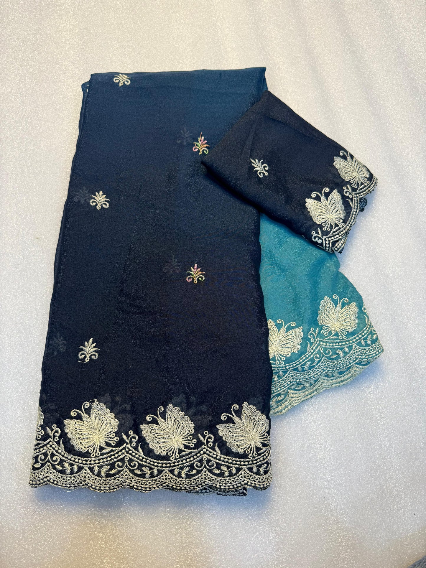 Kayatri New Partywear Soft peddling crunchy saree with beautiful embroidery white thread work design