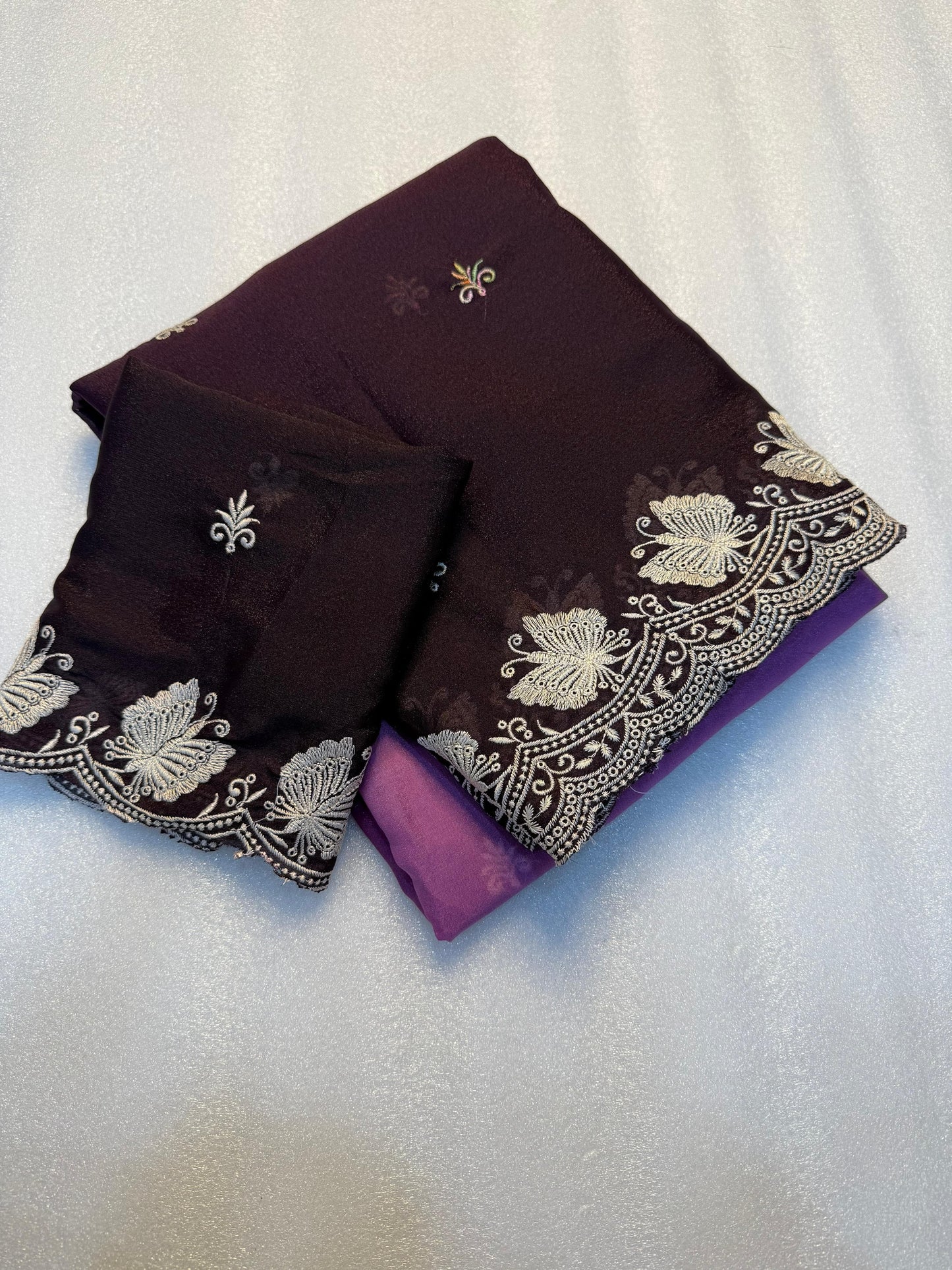 Kayatri New Partywear Soft peddling crunchy saree with beautiful embroidery white thread work design