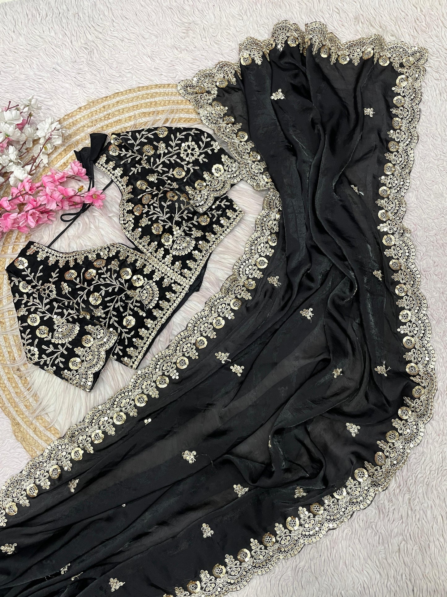 Kayatri New Fendy Satin Silk Sequins with Jari Dori Embroidery work with Cutwork Border Sequins Butti in Pallu with Body Parts.