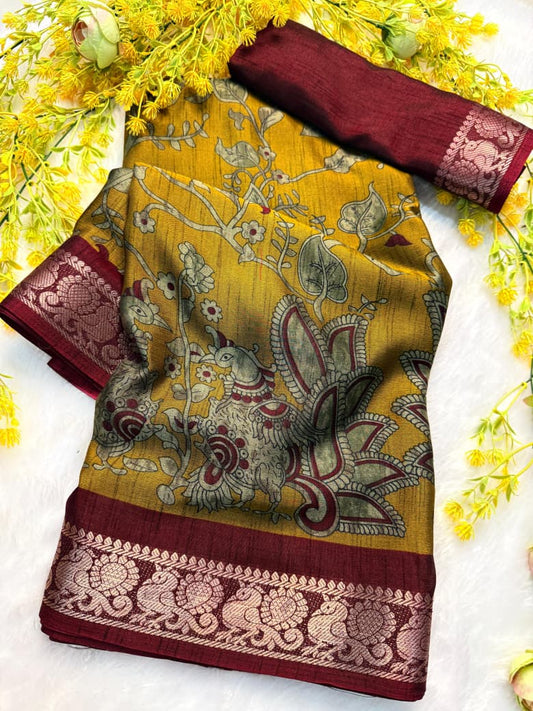 Kayatri New bleck dola silk sarees with pen kalamkari design saree