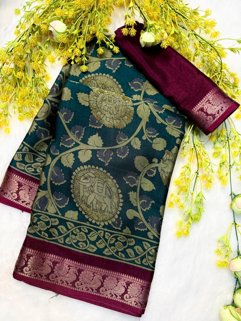 Kayatri New Soft bleck dola silk sarees with pen kalamkari design Saree