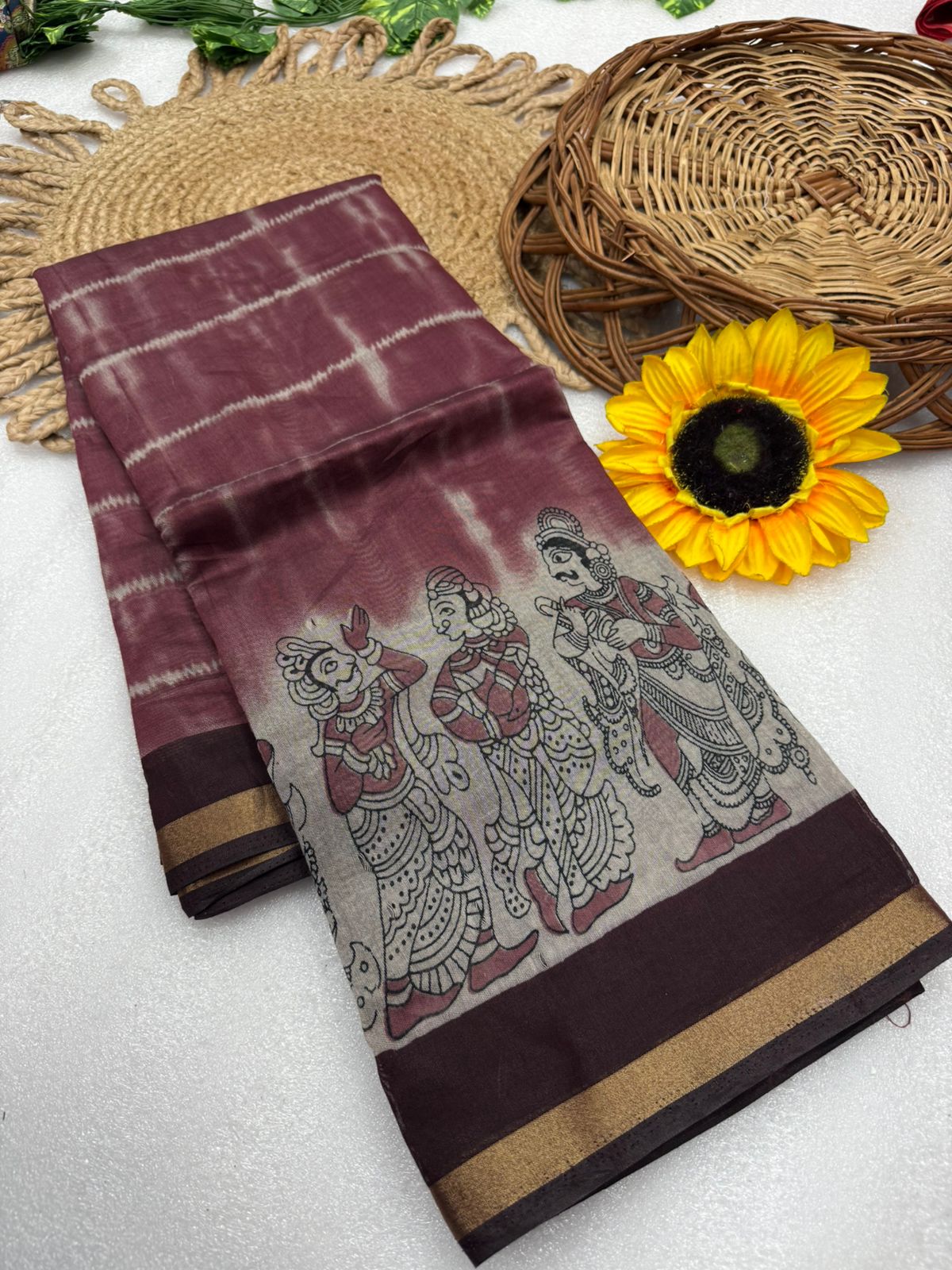 Kayatri New Soft Mul PV Cotton with Designer Kalamkari print & Zari border Saree