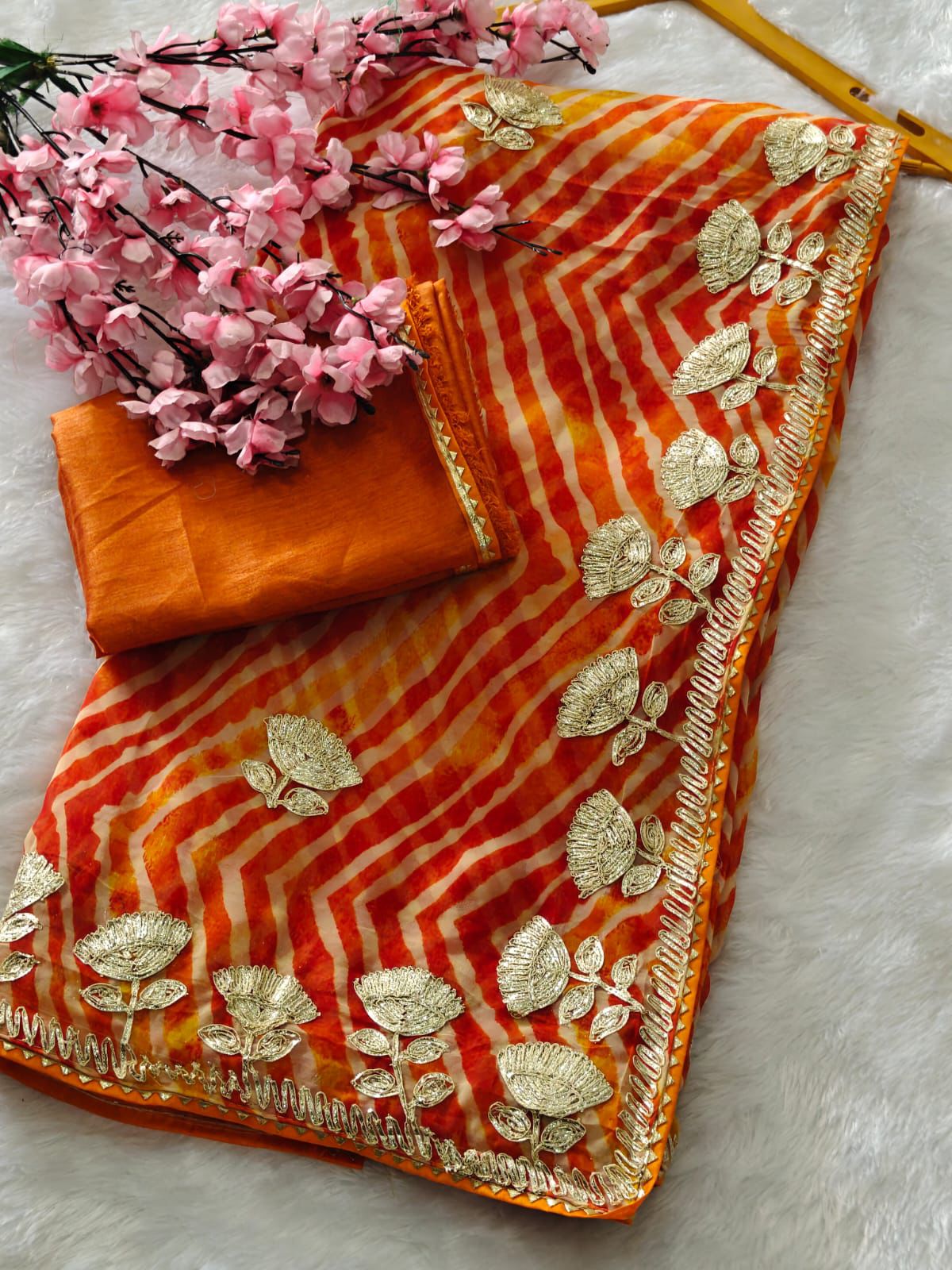 Kayatri New fabrics Georgette lehriya print designer Riban work Saree