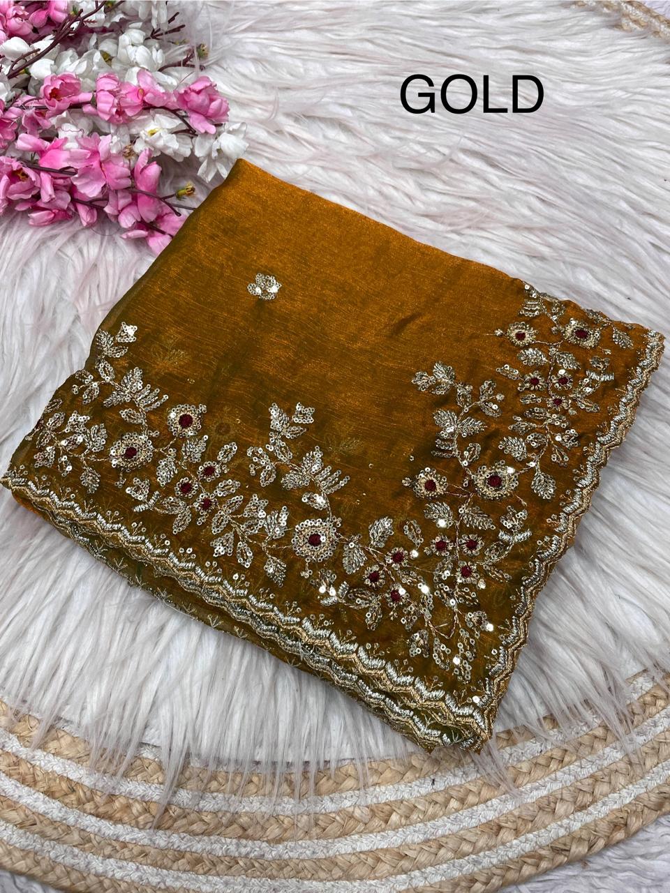 Kayatri New Fendy Chiffon Coding embroidery work with Sequence Butti in Body Parts Saree