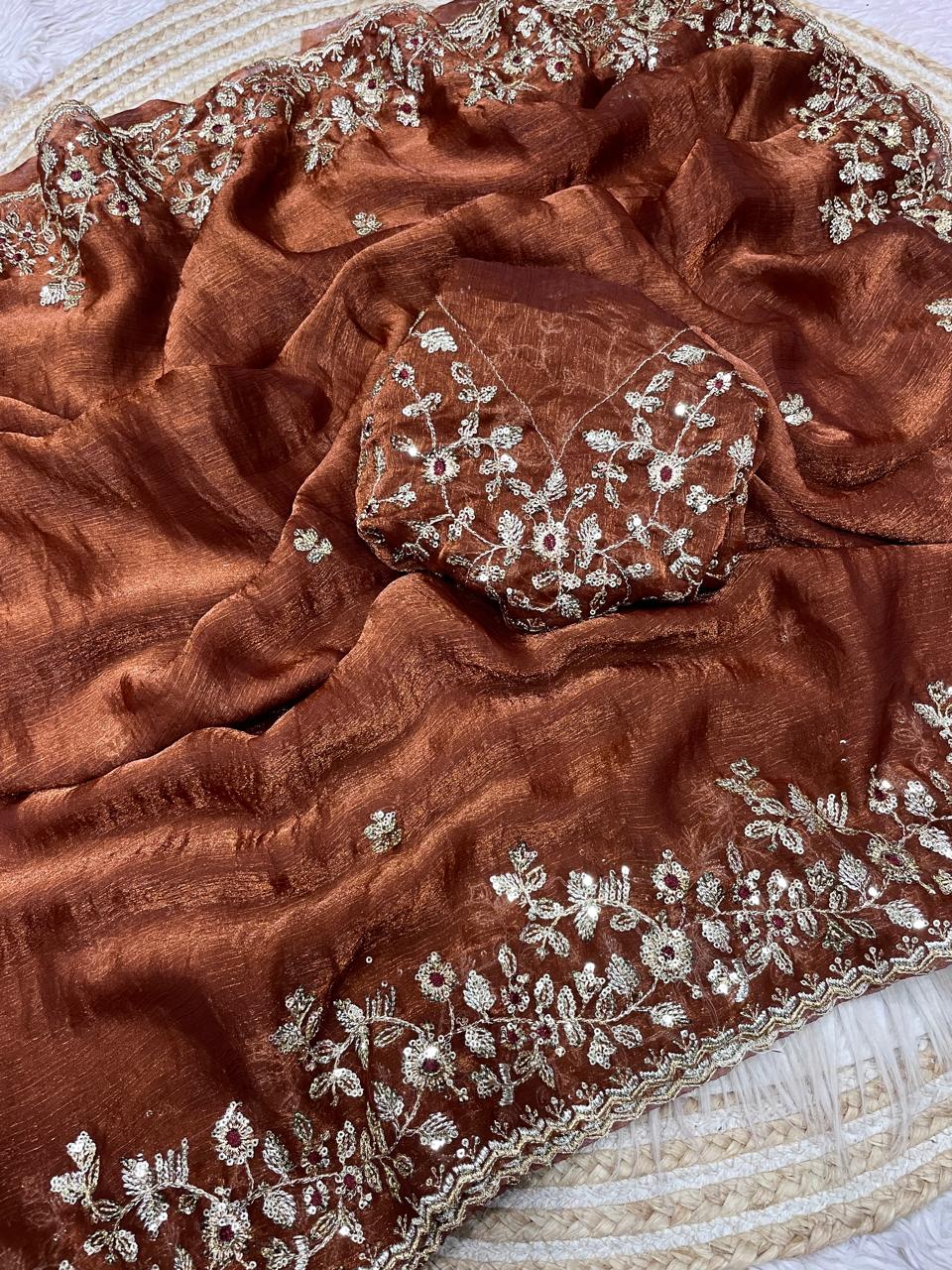Kayatri New Fendy Chiffon Coding embroidery work with Sequence Butti in Body Parts Saree