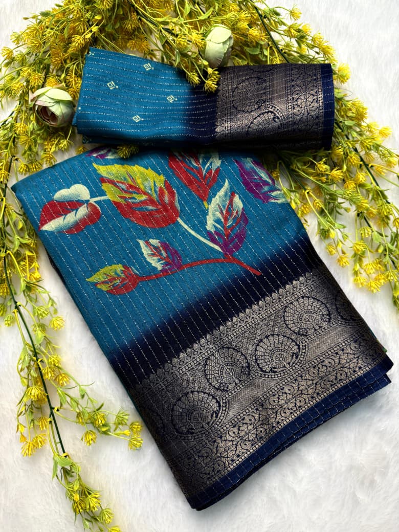 Kayatri New Saree Fabric Heavy riko zari saree with zari weave stripes Padding discharge print on allover Saree