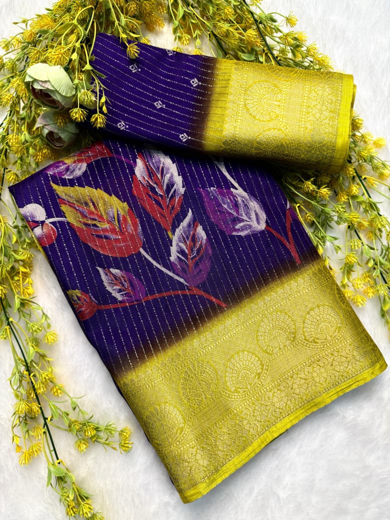 Kayatri New Saree Fabric Heavy riko zari saree with zari weave stripes Padding discharge print on allover Saree