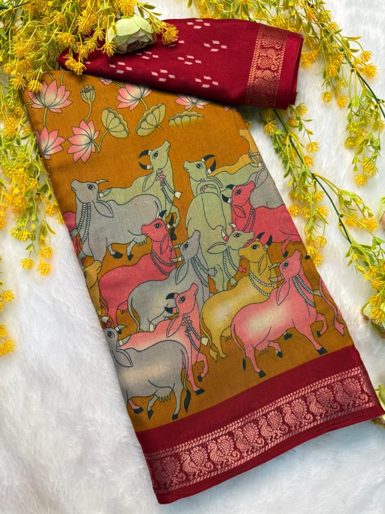 Kayatri New COTTON PREMIUM sarees with pen kalamkari DESIGN Contrast Zari weaving Hamsa borders Saree