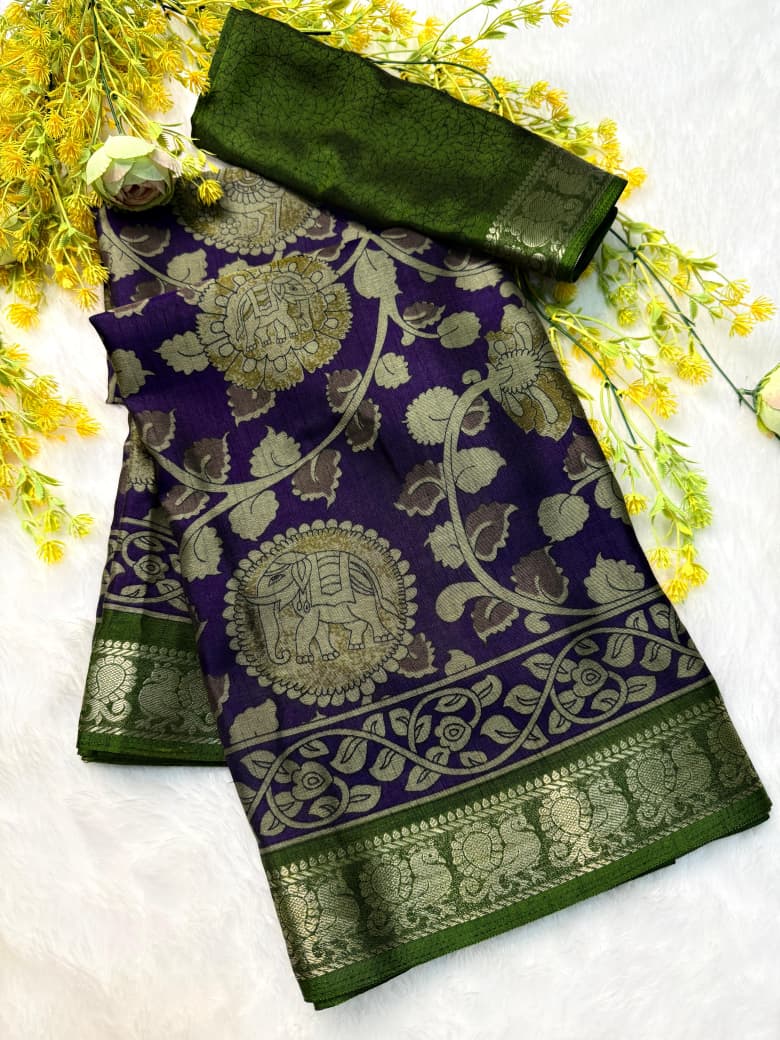 Kayatri New Soft bleck dola silk sarees with pen kalamkari design Saree