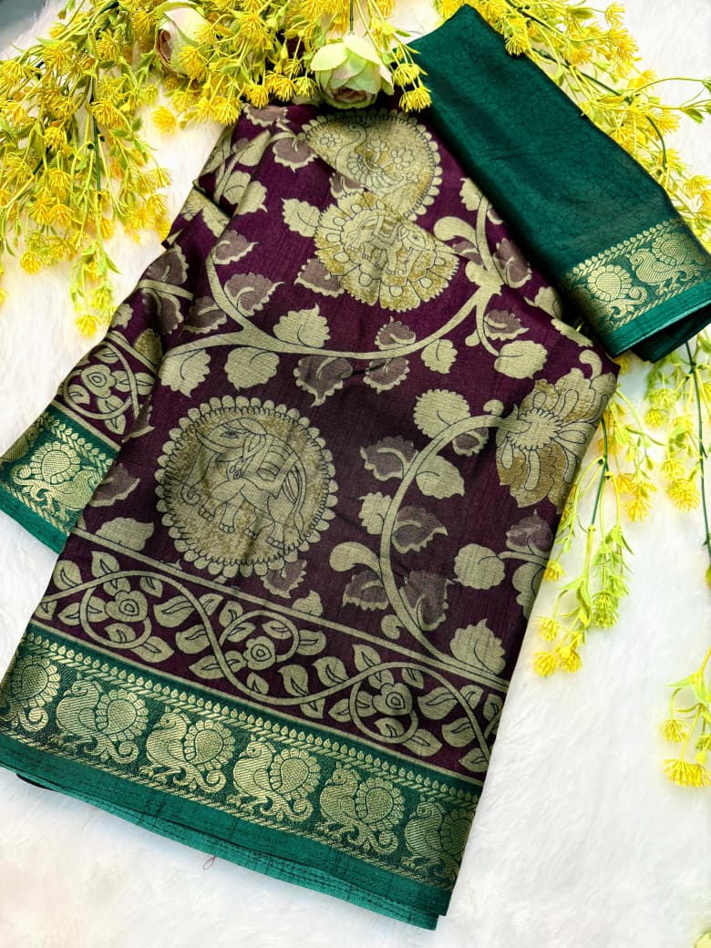 Kayatri New Soft bleck dola silk sarees with pen kalamkari design Saree