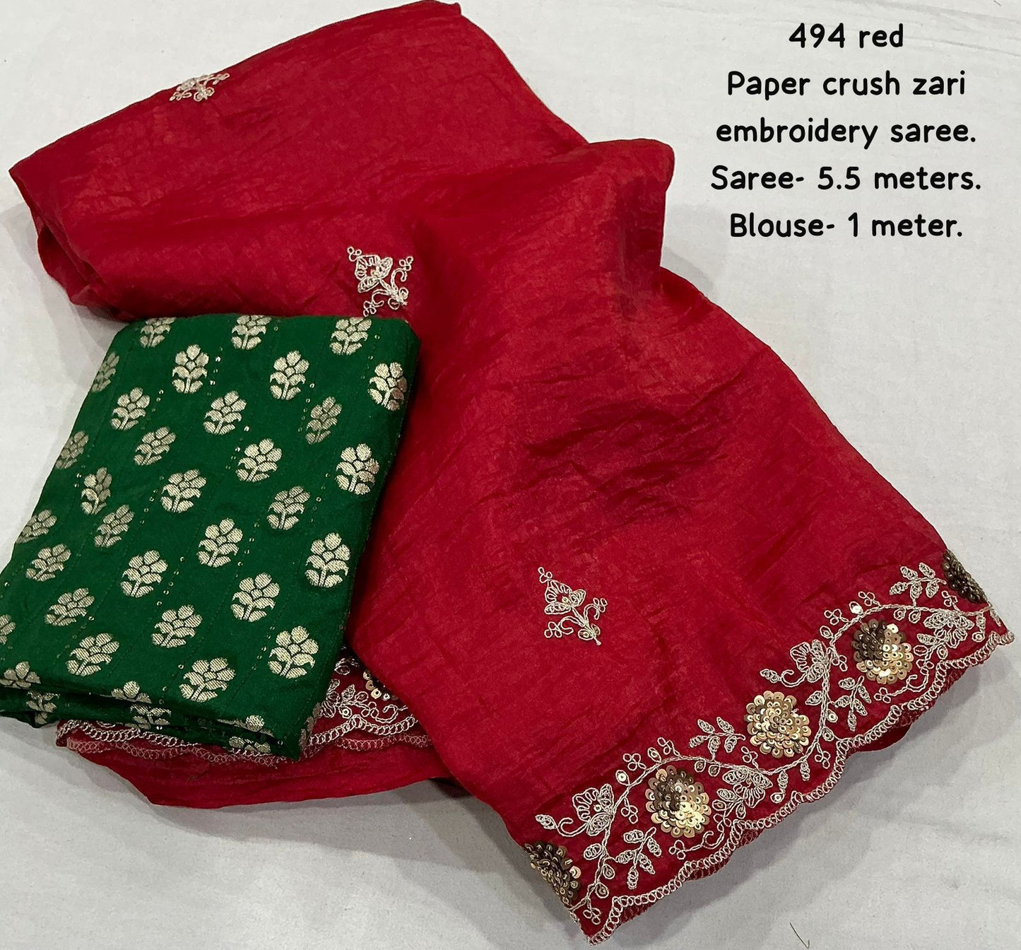 Kayatri New Elegant Red Paper Crush Saree with Banarasi Green Silk Blouse