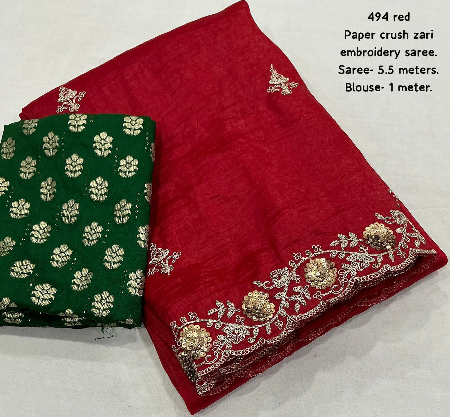 Kayatri New Elegant Red Paper Crush Saree with Banarasi Green Silk Blouse