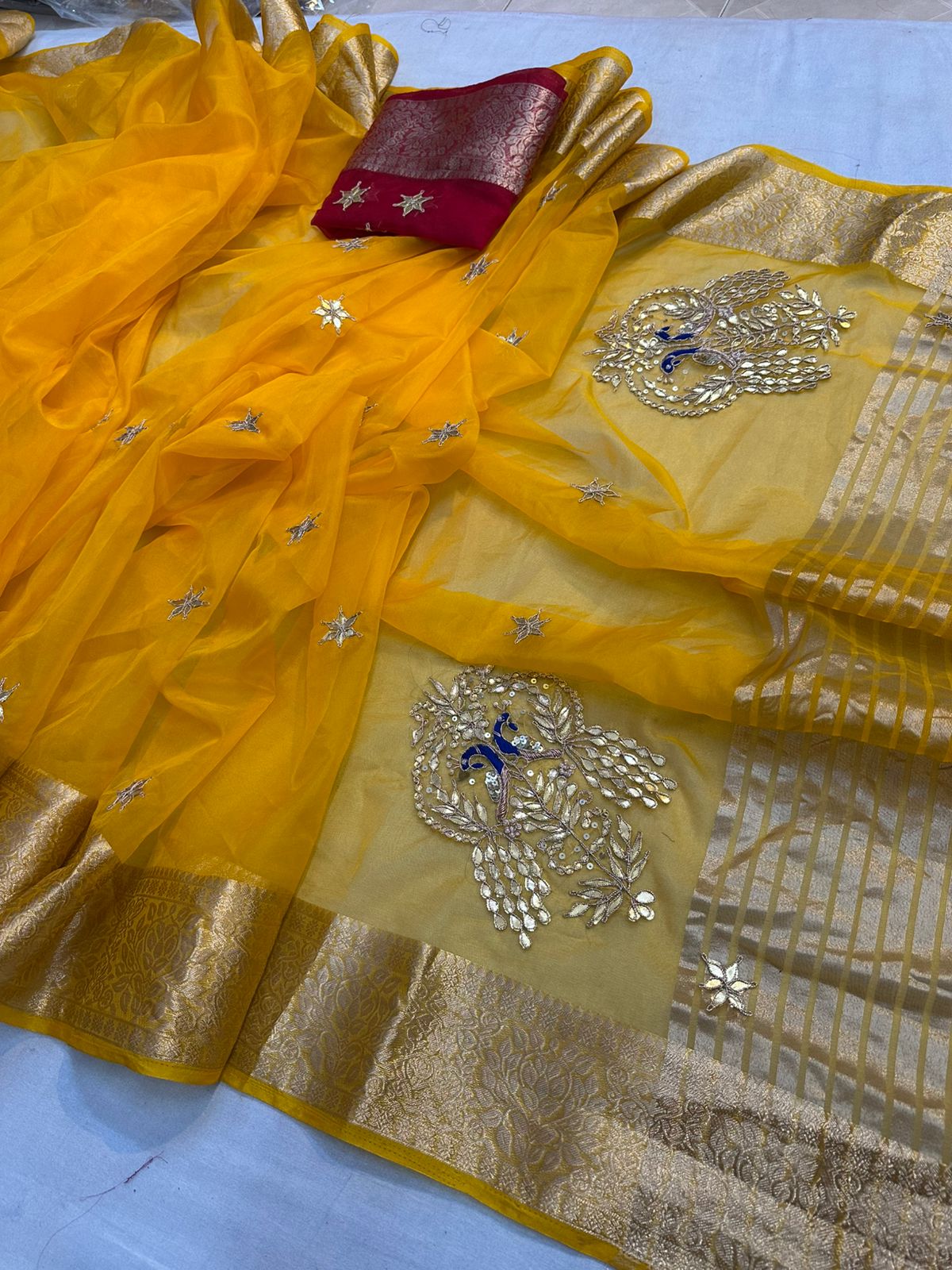 Kayatri New Luxury Organza Saree with Hand Gotta Patti Peacock Motifs & Contrast Blouse