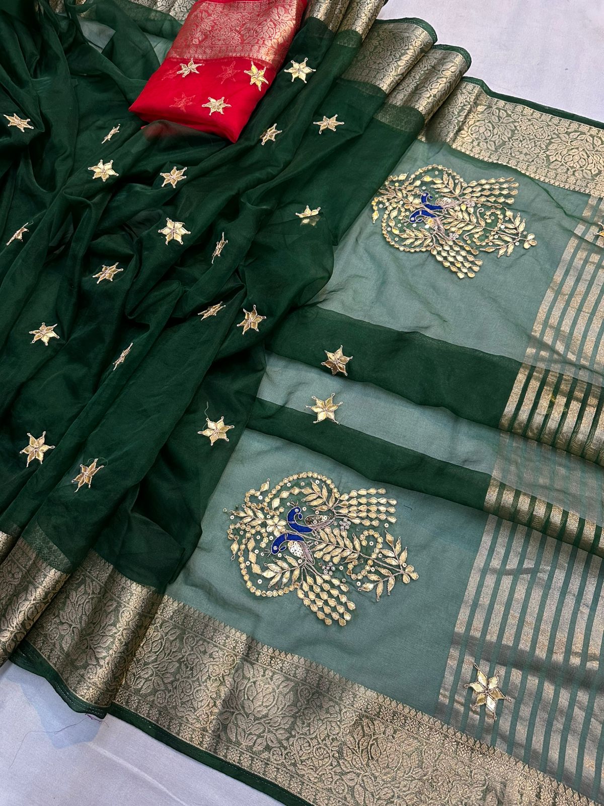 Kayatri New Luxury Organza Saree with Hand Gotta Patti Peacock Motifs & Contrast Blouse