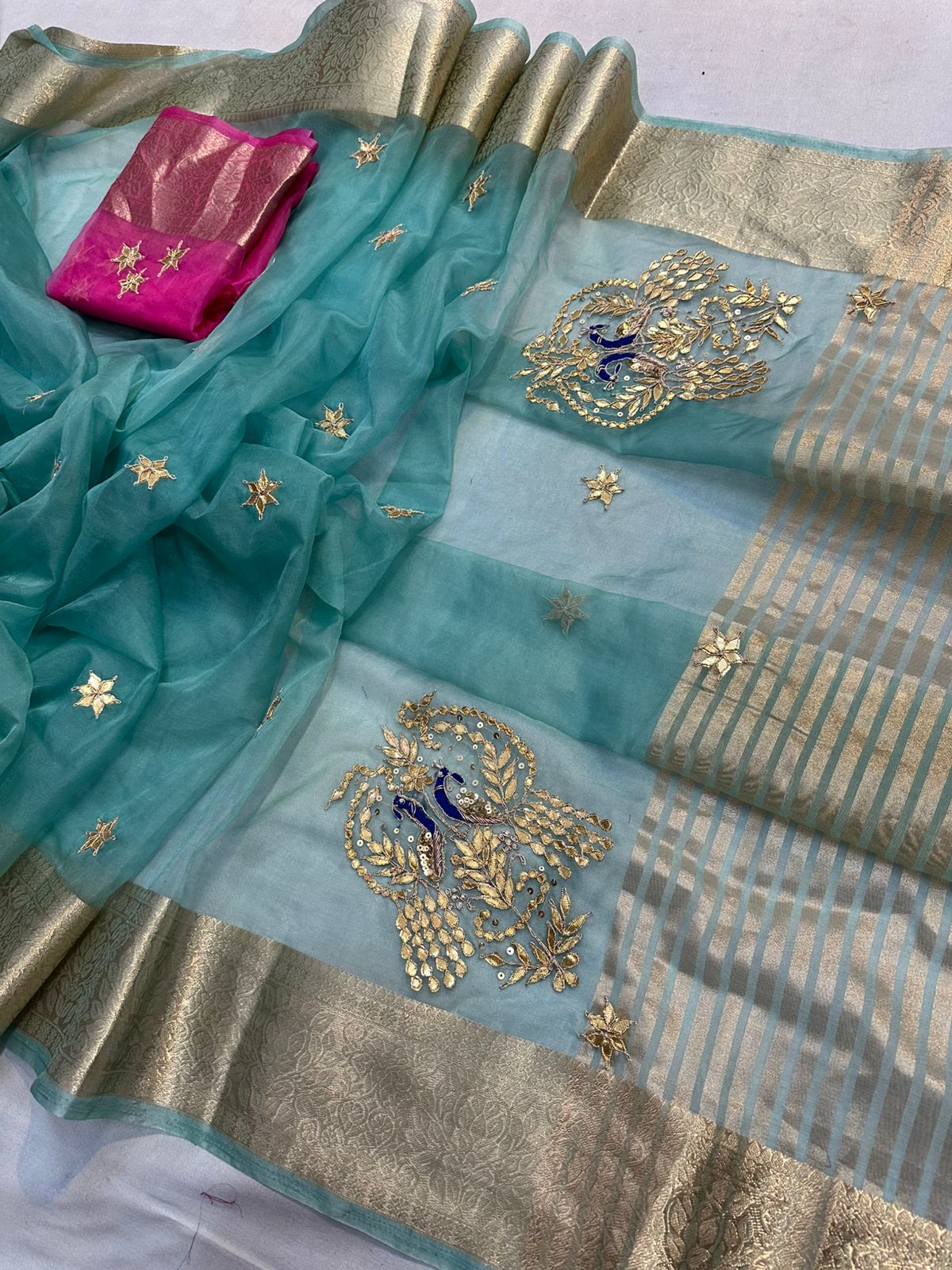 Kayatri New Luxury Organza Saree with Hand Gotta Patti Peacock Motifs & Contrast Blouse