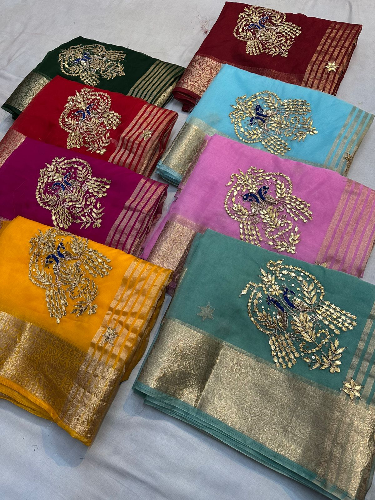 Kayatri New Luxury Organza Saree with Hand Gotta Patti Peacock Motifs & Contrast Blouse