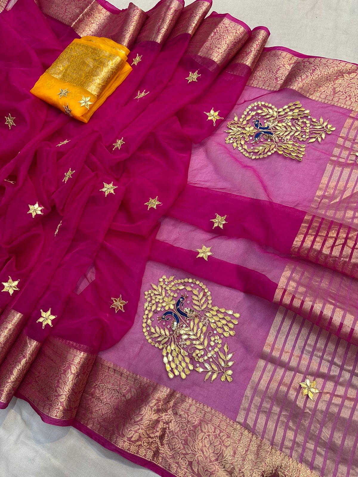 Kayatri New Luxury Organza Saree with Hand Gotta Patti Peacock Motifs & Contrast Blouse
