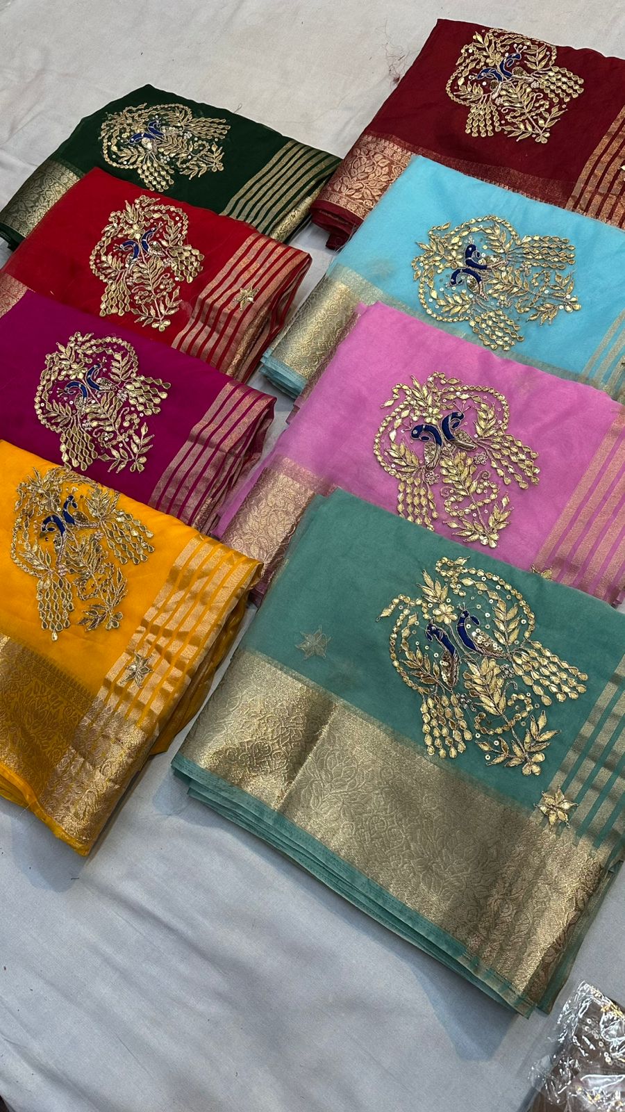 Kayatri New Luxury Organza Saree with Hand Gotta Patti Peacock Motifs & Contrast Blouse
