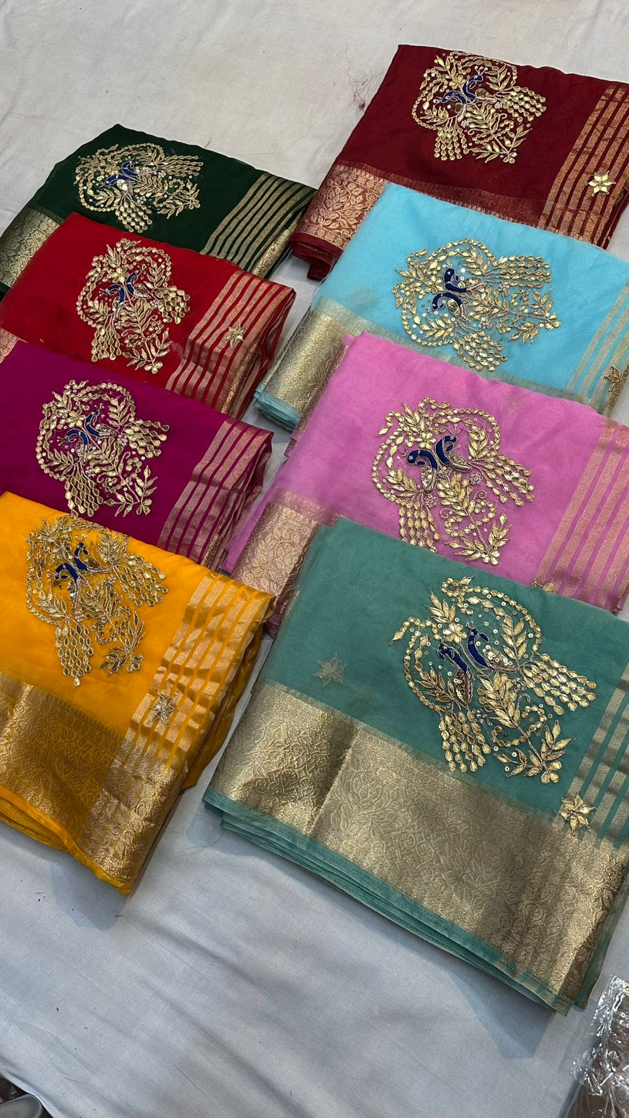 Kayatri New Luxury Organza Saree with Hand Gotta Patti Peacock Motifs & Contrast Blouse