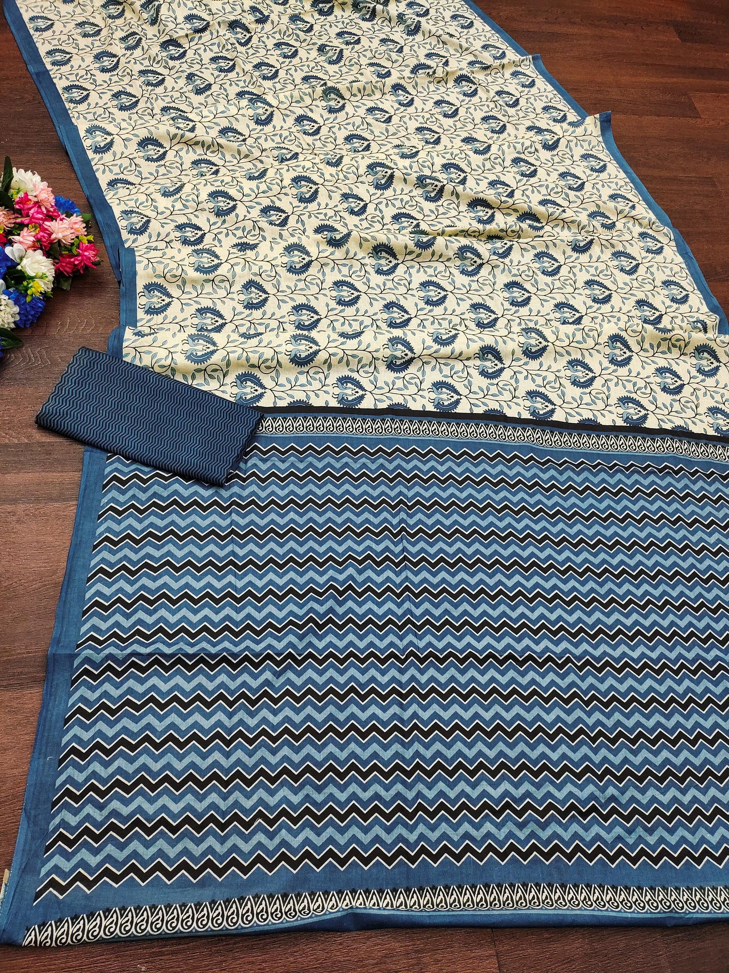 Kayatri New Pure Mulmul Cotton Bagru Printed Saree with Running Blouse