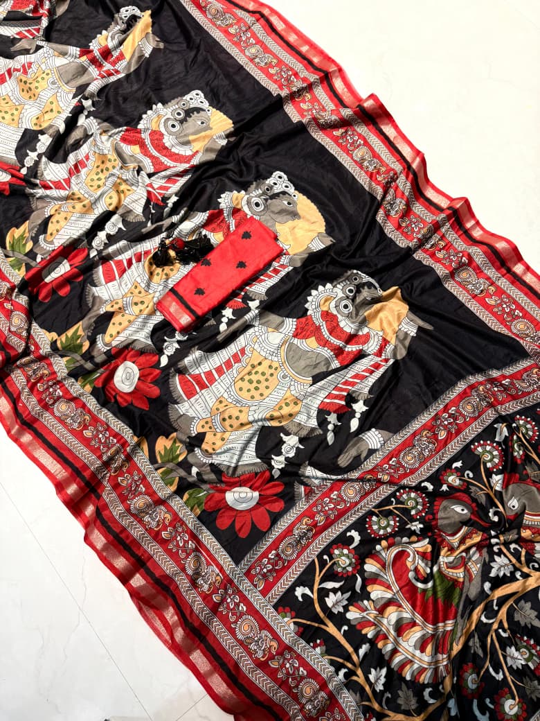 Kayatri New Premium Cotton Saree with Pen Kalamkari Design & Contrast Zari Border