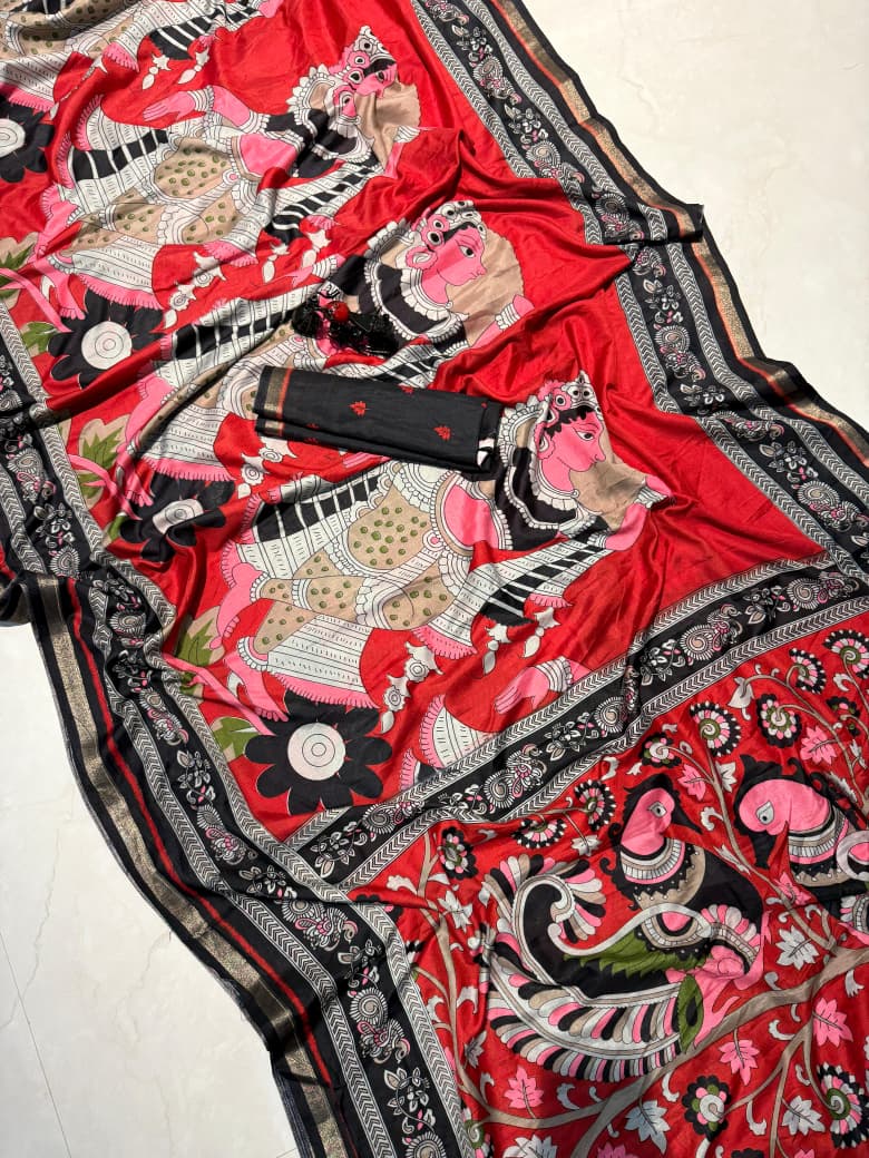 Kayatri New Premium Cotton Saree with Pen Kalamkari Design & Contrast Zari Border