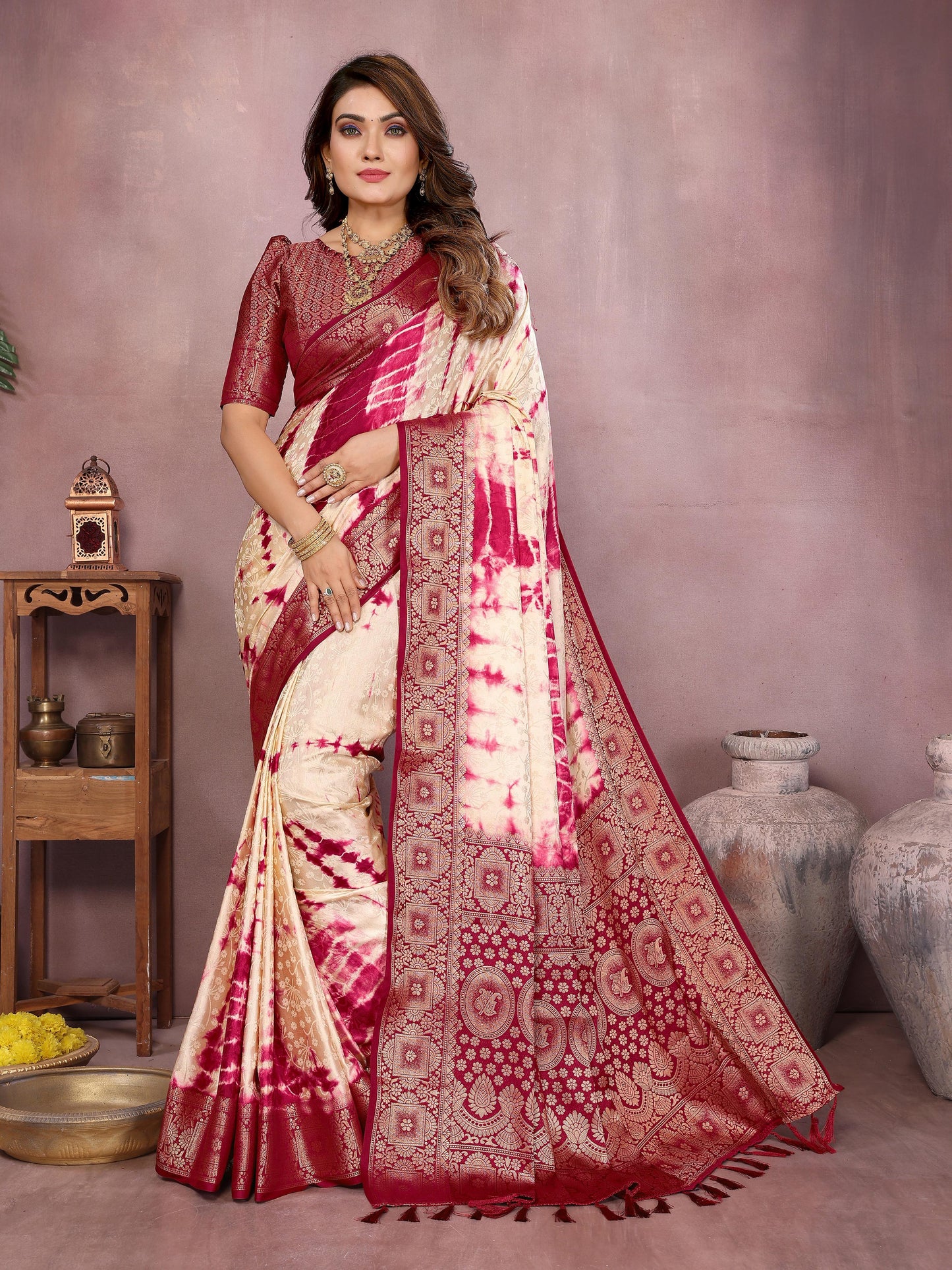 Kayatri New Premium Satin Silk Saree Original Shibori Work with Zari Weaving Border & Contrast Blouse