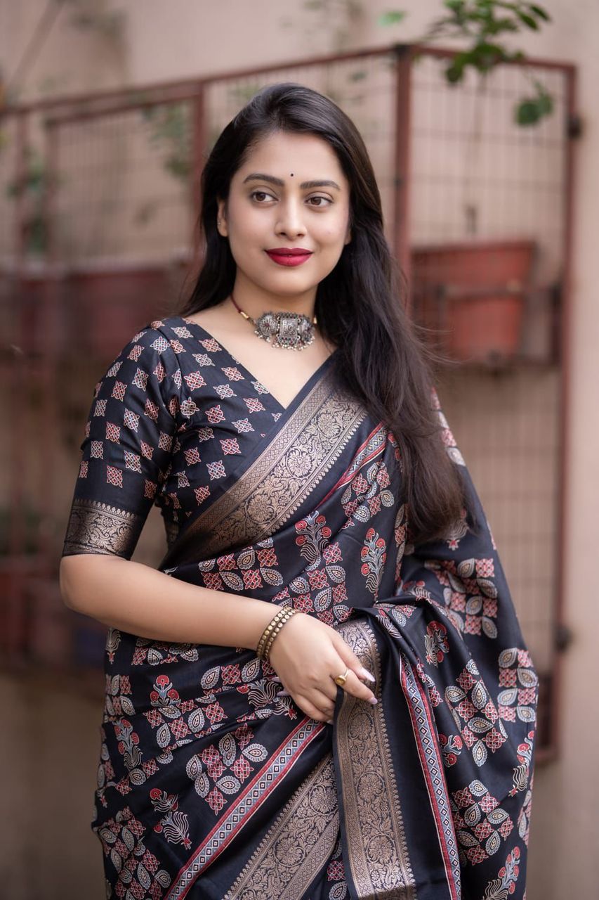 Kayatri New Soft Cotton Silk Ajrakh Saree with Subtle Shine & Zari Border
