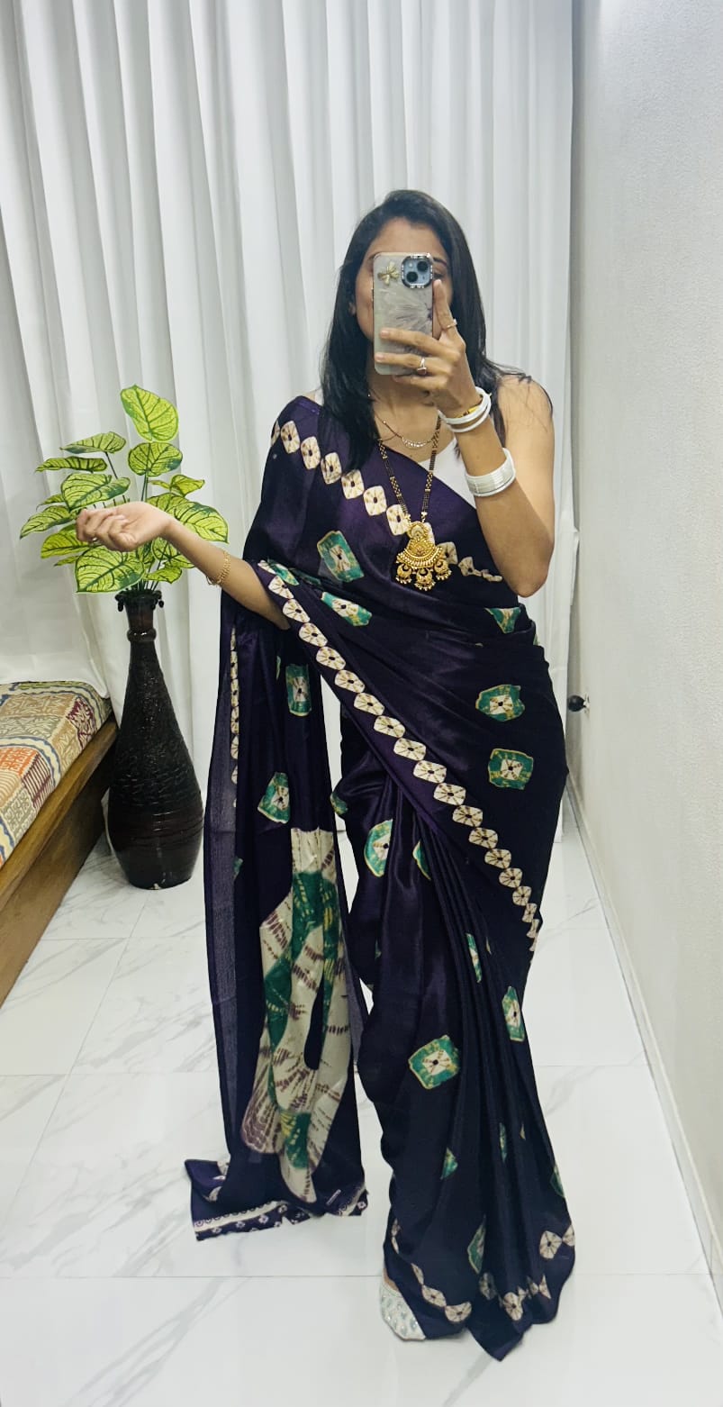 Kayatri New Luxury Crape Satin Saree Ajrakh Print with Classy Rich Pallu