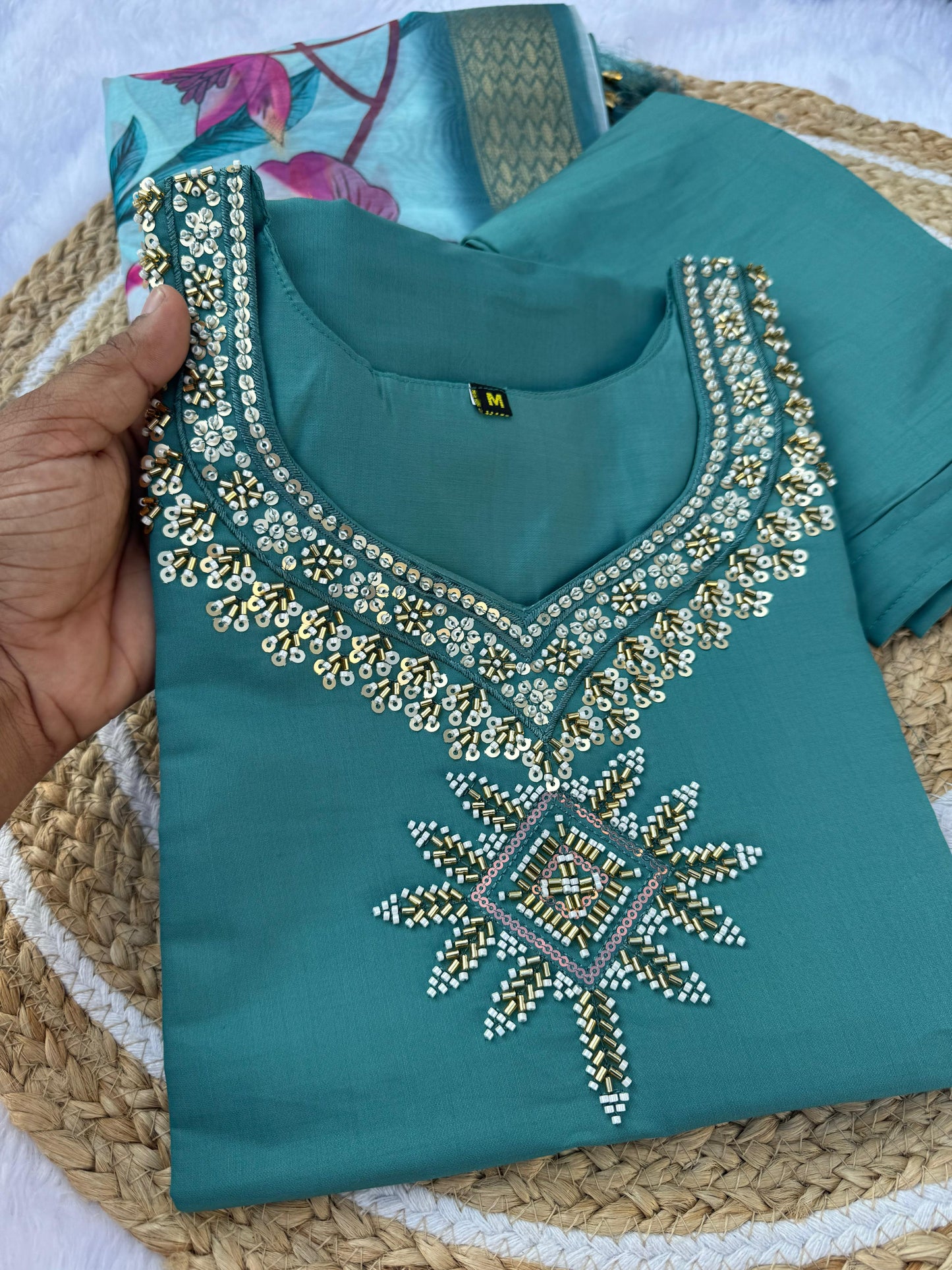 Kayatri New Designer Roman Silk Kurti Set with Hand Work & Chanderi Digital Print Dupatta