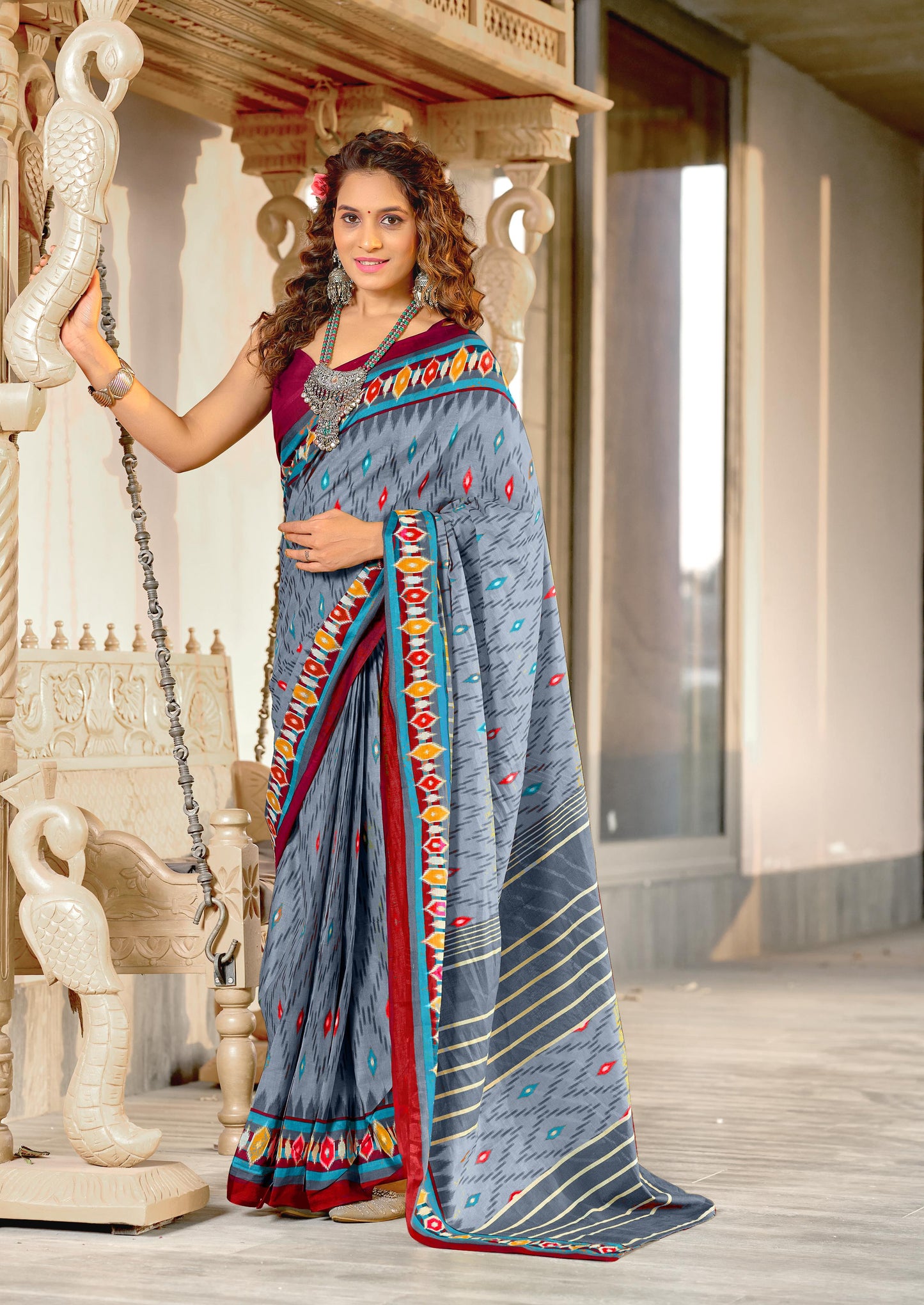 Kayatri New Soft Mulmul Cotton Ikkat Print Saree with Running Blouse Piece
