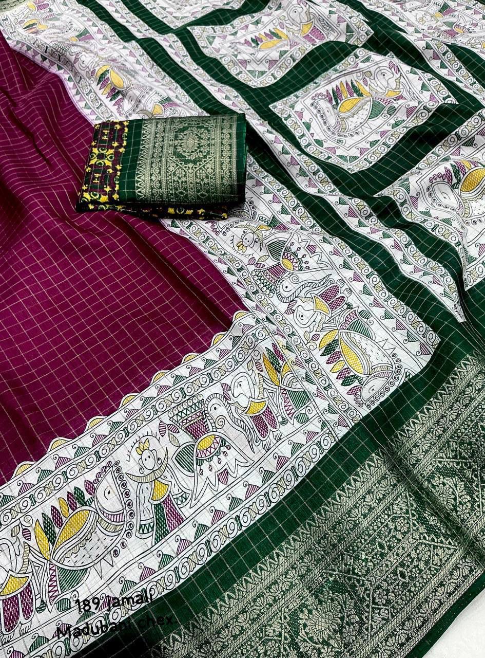 Kayatri New Graceful Kalamkari Pallu Saree with Weaving Checks & Zari Borders