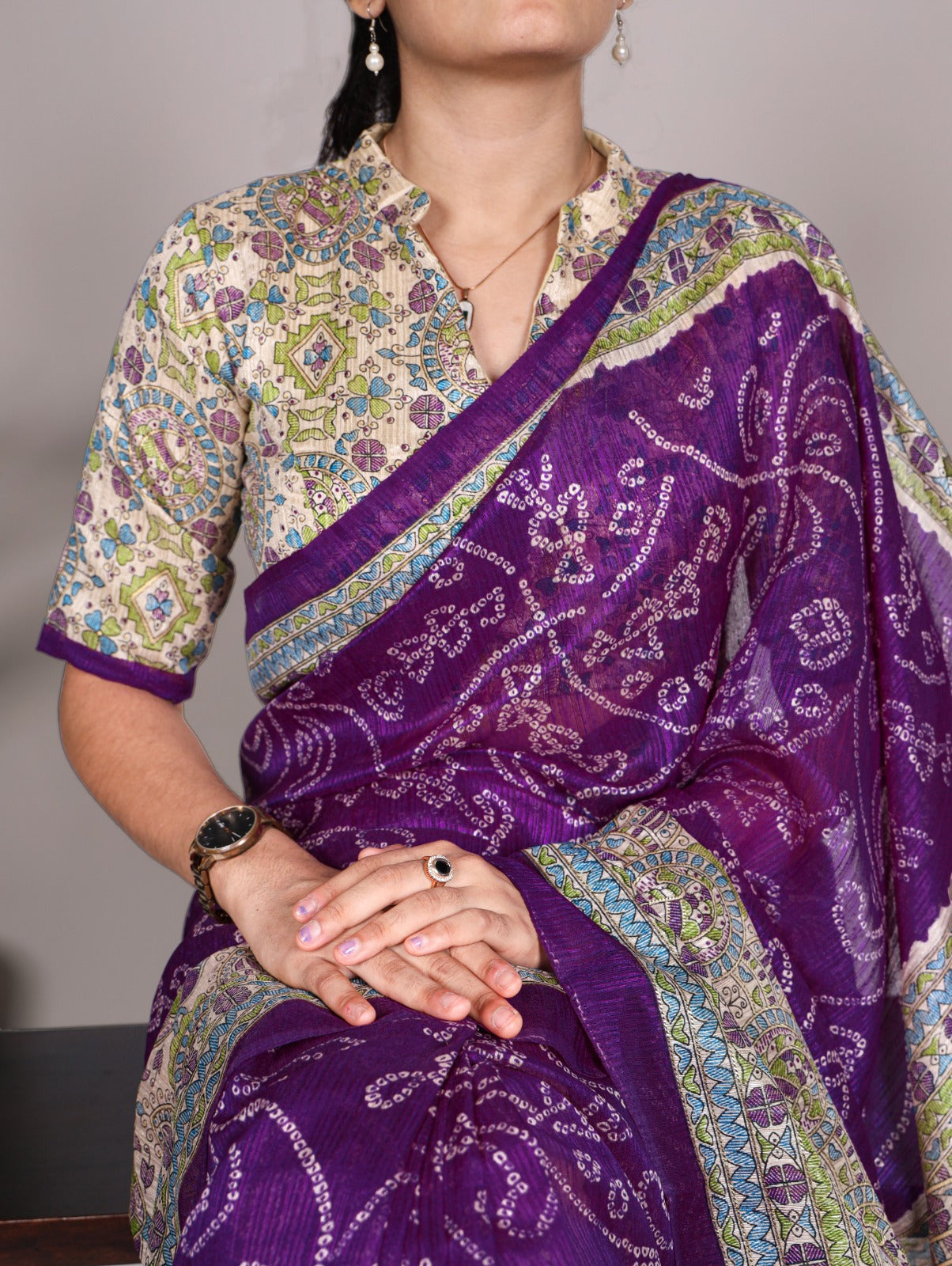 Kayatri New Elegant Green Silk Saree with Madhubani & Bandhej Fusion Print