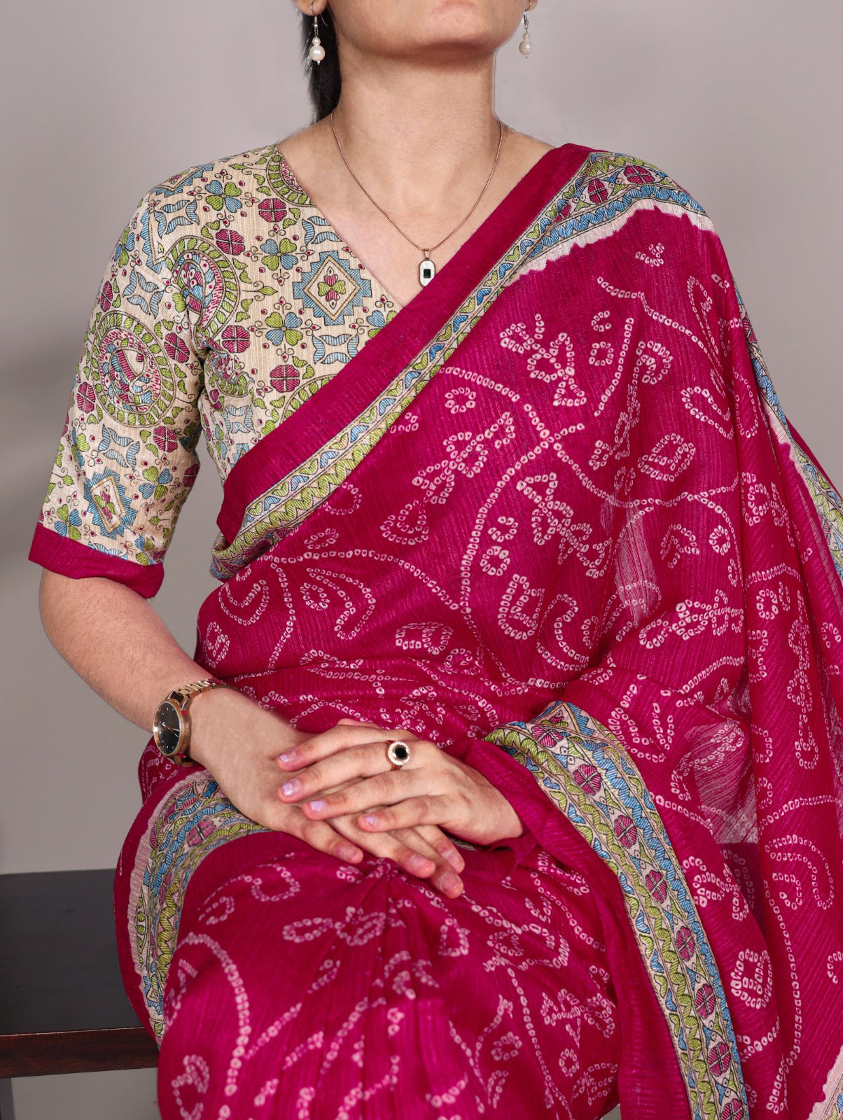 Kayatri New Elegant Green Silk Saree with Madhubani & Bandhej Fusion Print