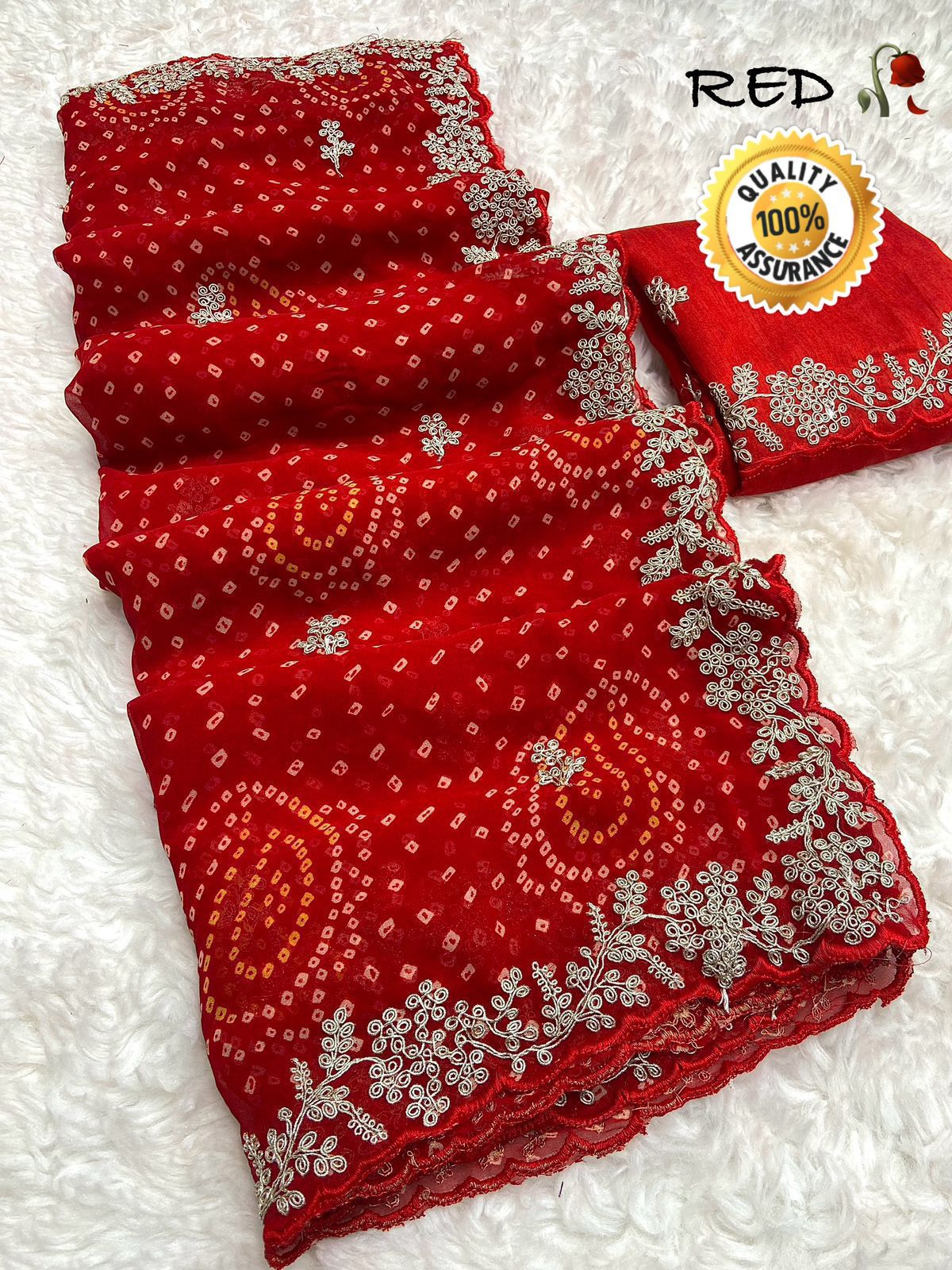 Kayatri New Soft Georgette Bandhani Print Saree with Pitha Work Embroidery & Mono Banglori Blouse