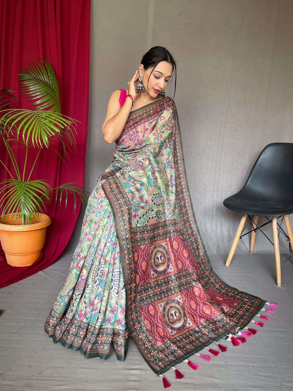 Kayatri New Pure Malai Cotton Saree with Kalamkari Digital Print & Contrast Pallu
