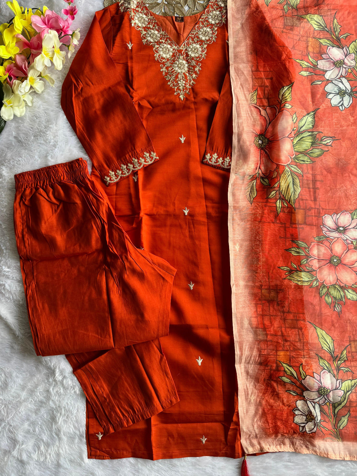 Kayatri New Designer Ethnic Set Embroidered Roman Silk Kurti with Pant & Dupatta