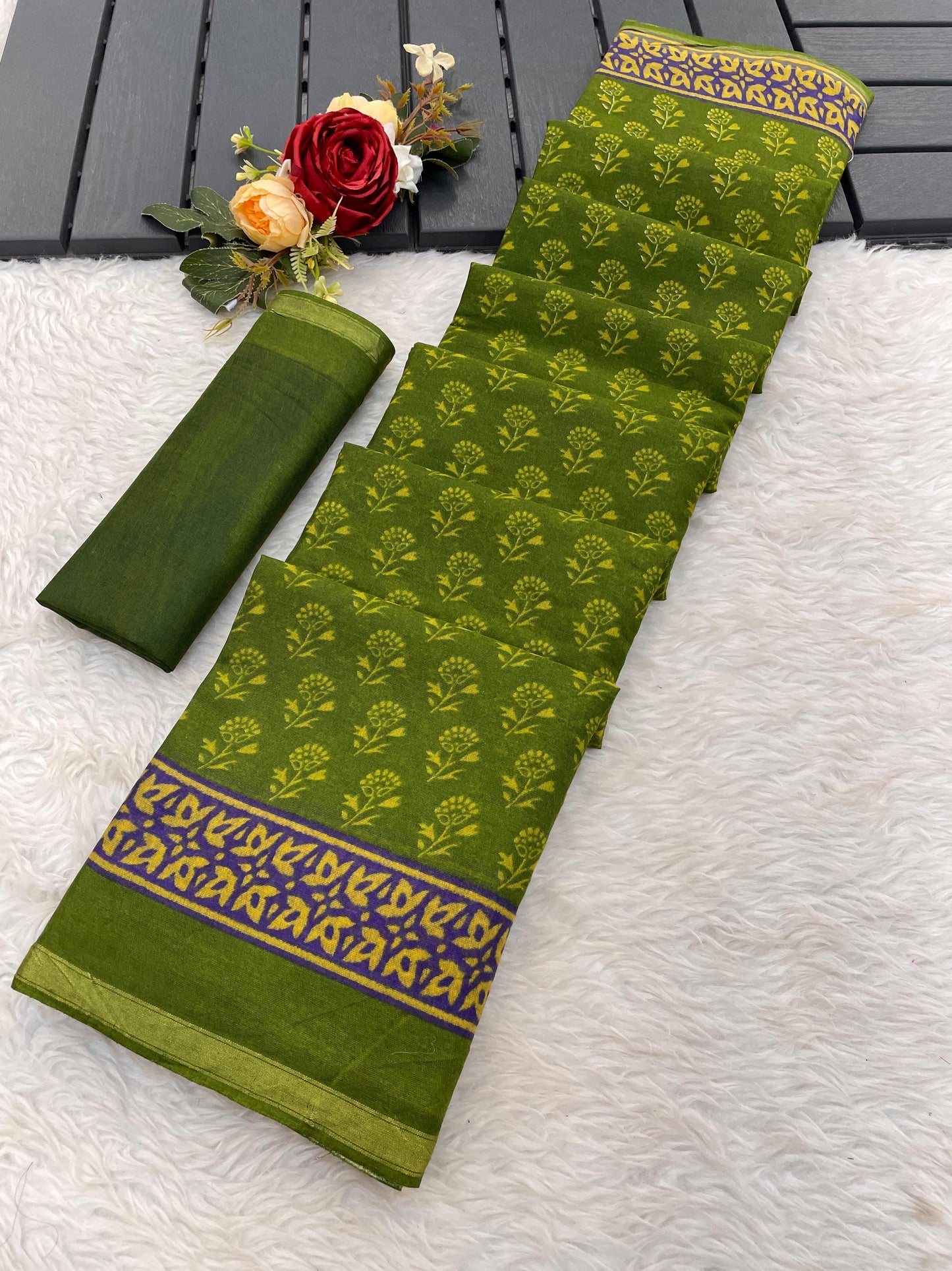 Kayatri New Premium Maslin Cotton Bagru Block Print Saree with Zari Border & Blouse