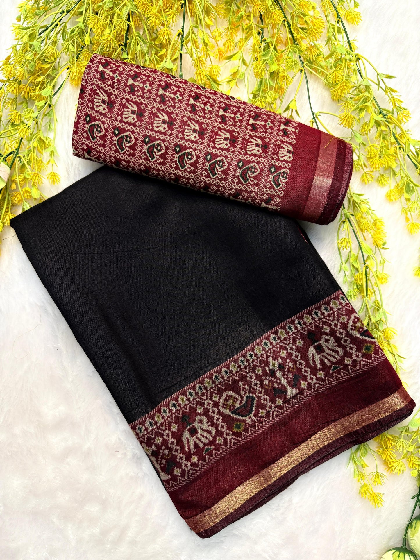 Kayatri New Soft Black Dola Silk Saree with Pen Kalamkari & Zari Hamsa Border