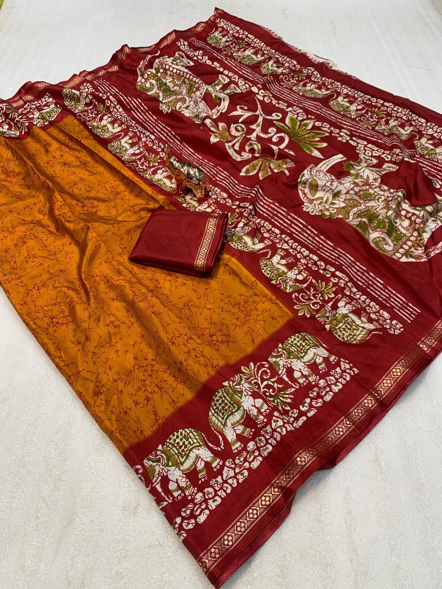 Kayatri New Premium Dola Silk Saree with Kalamkari Prints Designer Contrast Blouse