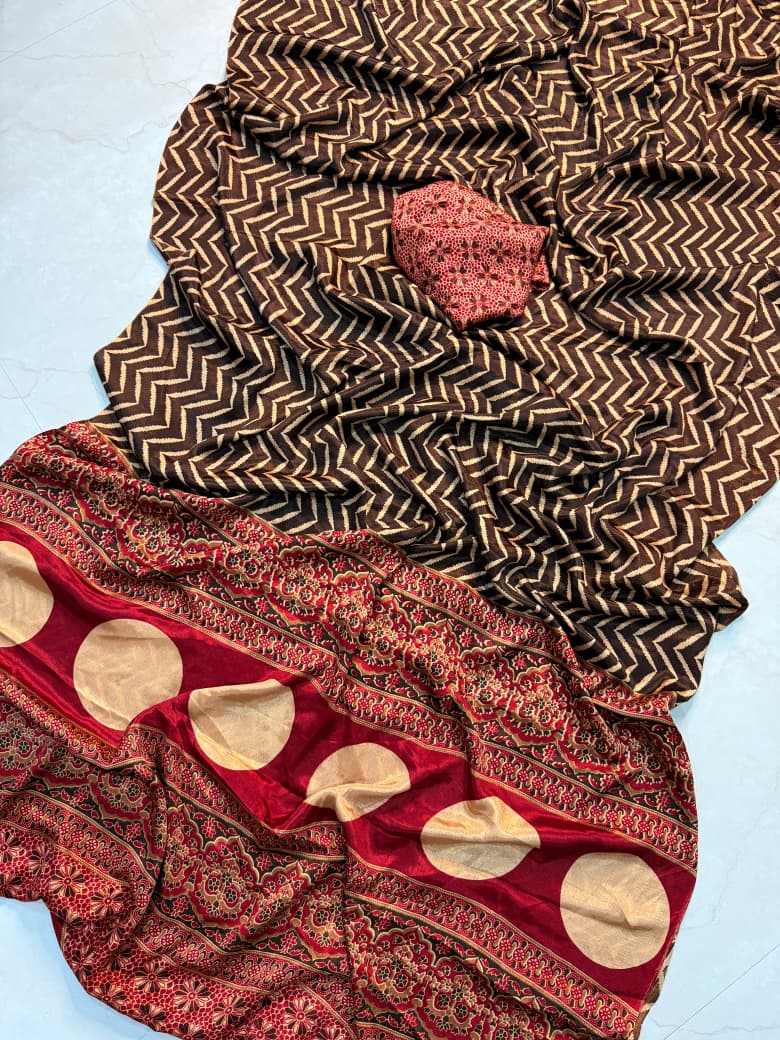 Kayatri New Designer Ajrakh Crepe Silk Saree Luxury Soft Silk Drape