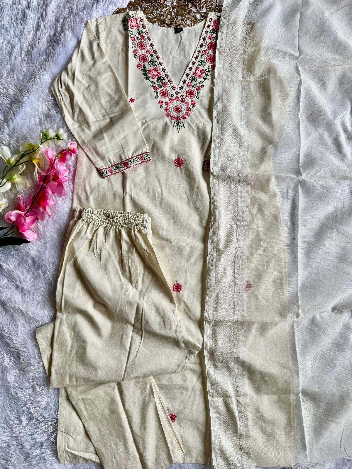 Kayatri New Premium Khadi Cotton Kurti Set with Pant and Dupatta Designer White Ethnic Wear